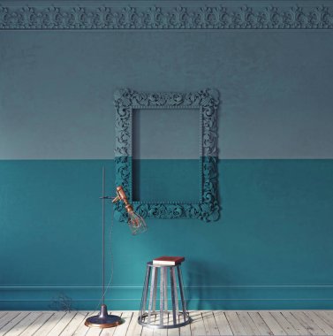 Çerçeve ipuçlarıyla dolu mavi oda yokluğu ve tefekkür alanı 3B görüntüleme.