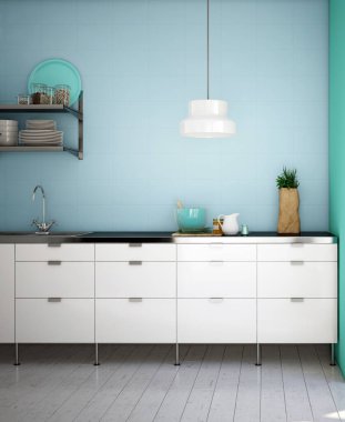 Raflı parlak pastel mutfak 3D minimalizmi yansıtıyor.