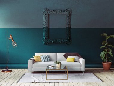 modern oturma odası iç. 3D render renk engelleme kavramı