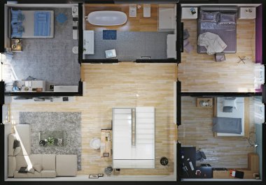 Modern apartman zemin planı ve şık iç tasarımı. 3B görüntüleme.