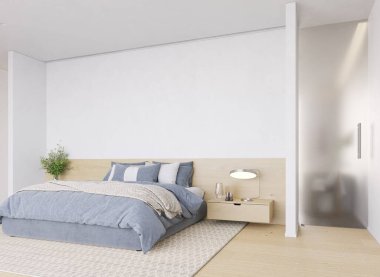 Modern yatak odası, rahat yatak, hafif ışıklandırma, huzurlu bir geri çekilme yaratıyor. 3B görüntüleme.