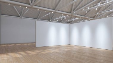 Geniş, boş sergi salonu, doğal ahşap döşeme, beyaz duvarlar, sergi bekleyen. 3B görüntüleme.