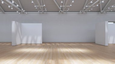 Boş galeri odası perspektifi, beyaz tuval benzeri duvarlar, hafif ahşap zemin, hazırlanmış alan. 3B görüntüleme.
