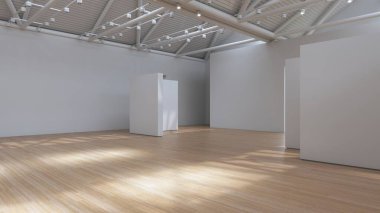 Temiz boş müze salonu, geniş ahşap zemin, parlak çevre aydınlatması, minimalist estetik. 3B görüntüleme.