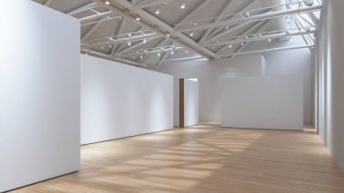 Parlak boş sanat alanı, temiz beyaz yüzey, sıcak ahşap zemin, pist ışıkları. 3B görüntüleme.