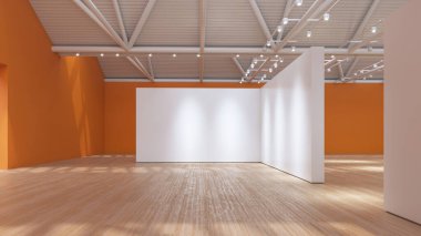 Canlı turuncu aksanlı duvar tasarımlı, 3 boyutlu modern sanat galerisi..