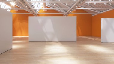 Çarpıcı turuncu duvar özelliği olan minimalist sergi köşesi, 3 boyutlu görüntüleme.