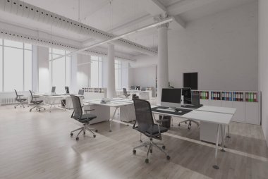 Birden fazla beyaz masası ve sandalyesi olan boş modern ofis alanı. Kurumsal işler için çağdaş iç mekan temizliği. 3d hazırlayıcı