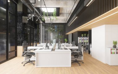 Masaları, bilgisayarı ve sandalyeleri olan modern ofis. İş verimliliği için çağdaş çalışma alanı tasarımı. 3d hazırlayıcı