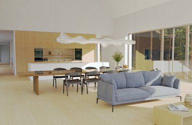 Parlak, açık bir oturma odası mutfak alanı, mavi kanepeli oturma odası ve yemek masası, 3 boyutlu, modern bir ev.