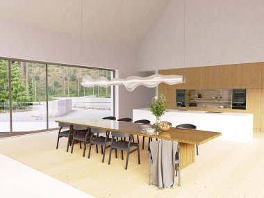 Açık planlı bir çatı katı. Geniş bir yemek ve mutfak alanı. Doğal ışık ve ahşap detaylarla dolu. Modern lüks ev tasarımı 3D gayrimenkul..