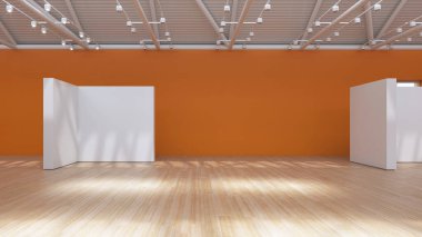 Çağdaş sergi salonunda açısal turuncu mimari özellik, 3D görüntüleme.