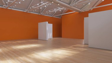 Çağdaş sergi alanı koyu turuncu genel tasarım öğesi, 3D görüntüleme.