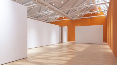 Minimalist sergi alanında turuncu mimari elementlerin akışı, 3D görüntüleme.