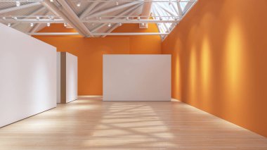 Dramatik turuncu tavan özellikli modern sergi alanı, 3 boyutlu görüntüleme.