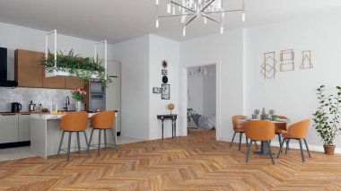 Parlak modern çalışma alanı ya da turuncu sandalyeli kafe, ortak çalışma ortamı. 3B görüntüleme.