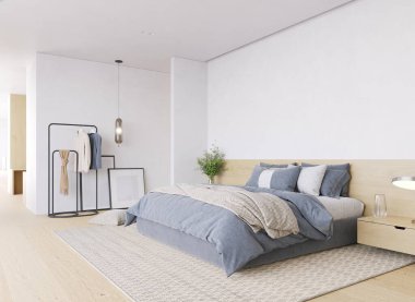 Huzurlu modern yatak odası, bol doğal ışık, minimalist dekor, dinlendirici uyku. 3B görüntüleme.