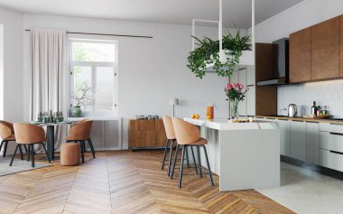 Adalı, ahşap aksanlı, açık alanlı, modern mutfak yemek alanı. 3B görüntüleme.