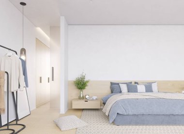 Parlak minimalist, modern yatak odası, geniş yatak odası, temiz çizgiler, sakin bir atmosfer. 3B görüntüleme.