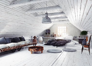 Ahşap zeminde oturma yastıkları olan ferah, beyaz bir tavan arası. 3B görüntüleme.