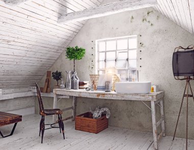 Parlak ve ferah tavan arasında sehpası olan bir sanatçının çalışma alanı. 3B görüntüleme.