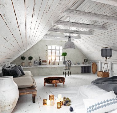 Beyaz duvarları, ahşap zemini ve mobilyaları olan minimalist bir çatı katı. 3B görüntüleme.