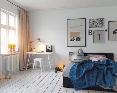 Mavi çarşaflı ve duvar dekorlu İskandinav tarzı bir yatak odası. 3B görüntüleme.