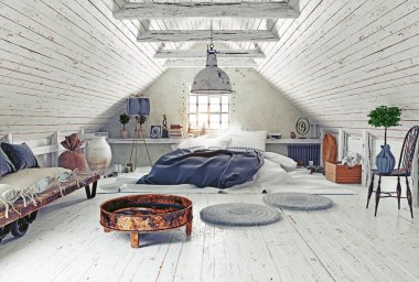 Tavan arasında bir masa, sandalyeler ve oturma odası var. 3B görüntüleme.