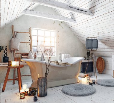 Pencerenin yanında serbest banyo küveti olan, kırsal tarzda parlak bir tavan arası. 3B görüntüleme.