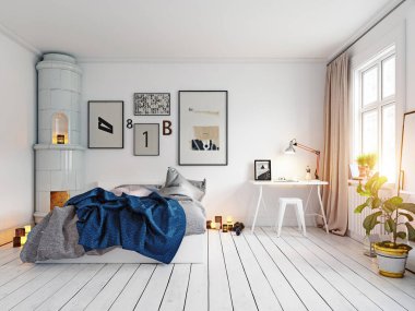 Çerçevesi ve yatağı olan modern bir yatak odası. 3B görüntüleme.