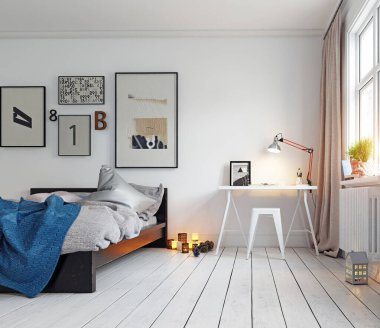 Pencerenin yanında yatağı ve masası olan parlak bir yatak odası. 3B görüntüleme.