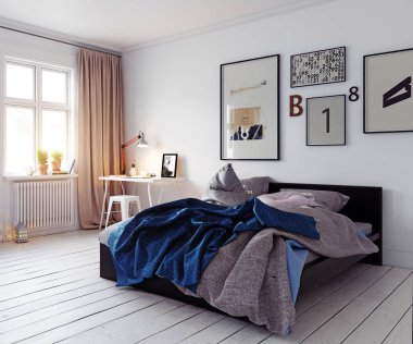 Mavi yataklı şık bir yatak odası ve resimlerle dolu bir galeri duvarı. 3B görüntüleme.