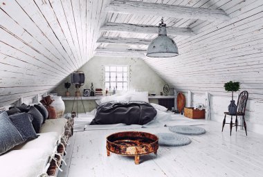 Gri kanepesi ve rahatlamak için yer minderleri olan modern bir tavan arası. 3B görüntüleme.