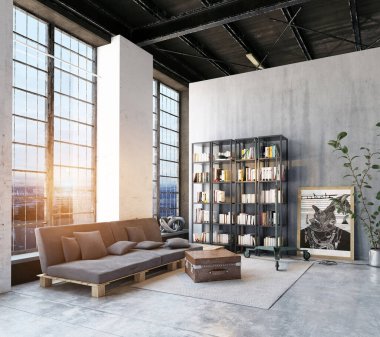 Büyük bir penceresi ve sıcak gün batımı ışığı olan endüstriyel bir çatı katı. 3B görüntüleme.