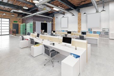Temiz çizgileri ve modern dekorları olan minimalist bir ofis. 3B görüntüleme.
