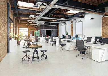 Birden fazla çalışma istasyonu ve ışıklandırması olan geniş bir ofis. 3B görüntüleme.