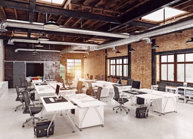 Masaları ve ergonomik sandalyeleri olan açık plan ofisi. 3B görüntüleme.