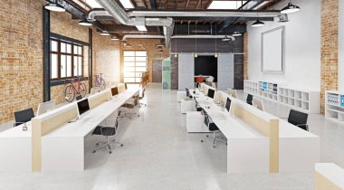 Birden fazla çalışma istasyonu ve sandalyesi olan yaratıcı bir ofis. 3B görüntüleme.