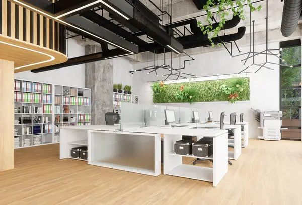 3D Modern açık ofis alanı, beyaz masalar ve doğal ahşap döşemeler. Üretkenlik için ortak işyeri iç mimarisi.