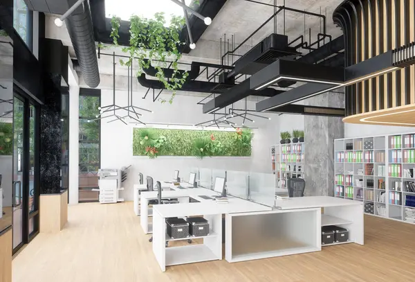 Beyaz masalar ve yeşil bitkilerle modern ofis içi. Üretkenlik ve sağlıklı çevre için çağdaş çalışma alanı tasarımı. 3d hazırlayıcı