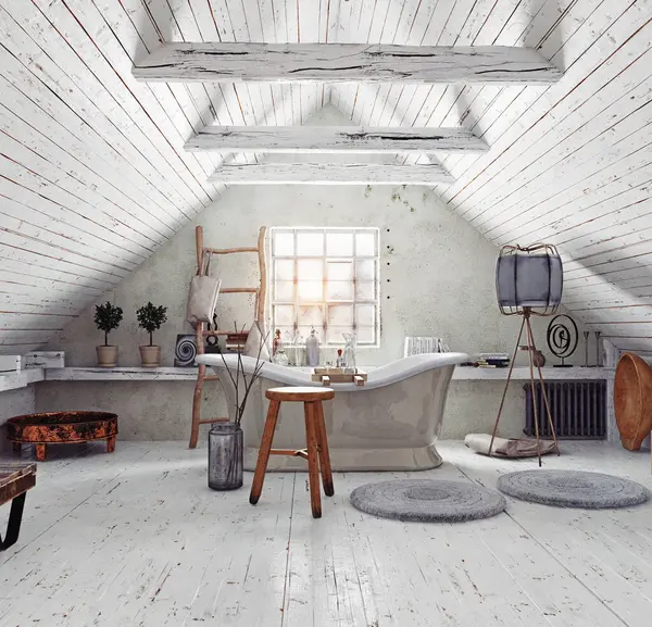 İskandinav çatı katında yer minderleri olan rahat bir köşe. 3B görüntüleme.