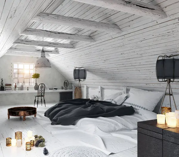 Siyah bir yatak odası ve beyaz ahşap duvarları olan şık bir tavan arası. 3B görüntüleme.