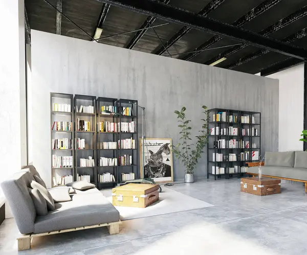 Geniş bir sanayi tipi çatı katı, büyük bir kitaplığı ve deri koltuğu var. 3B görüntüleme.