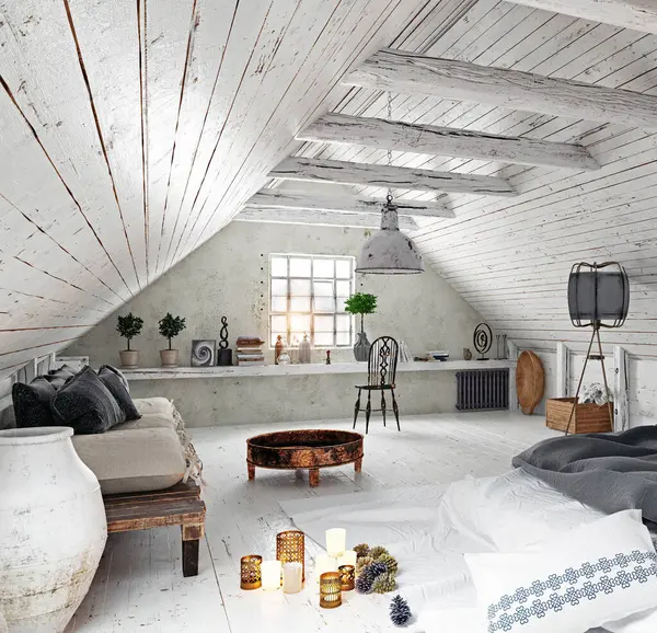 Beyaz duvarları, ahşap zemini ve mobilyaları olan minimalist bir çatı katı. 3B görüntüleme.