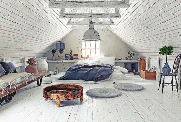 Tavan arasında bir masa, sandalyeler ve oturma odası var. 3B görüntüleme.