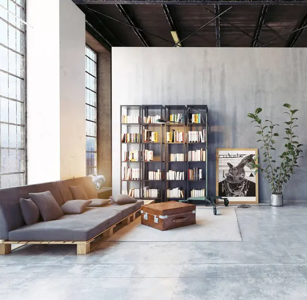 Modern bir kanepe ve tavan arasındaki tuğla duvara karşı bir kitaplık. 3B görüntüleme.