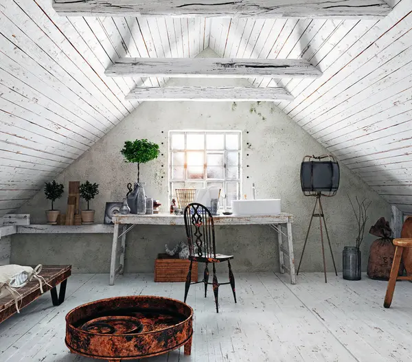 Tavan arasında masası ve sandalyesi olan bir ev ofisi. 3B görüntüleme.