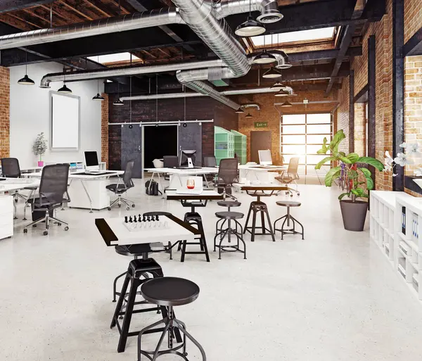 Birden fazla çalışma istasyonu ve ışıklandırması olan geniş bir ofis. 3B görüntüleme.