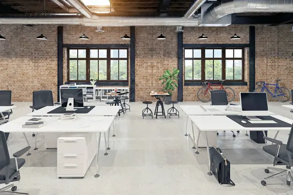 Ergonomik masaları ve açık tasarımı olan bir ofis. 3B görüntüleme.