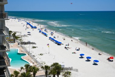 GULF SHORES, AL / USA - 2 Mayıs 2023: İnsanlar Meksika Körfezi 'ndeki Gulf Shores Plajı' nda güneşli güzel bir günün tadını çıkarıyorlar.    